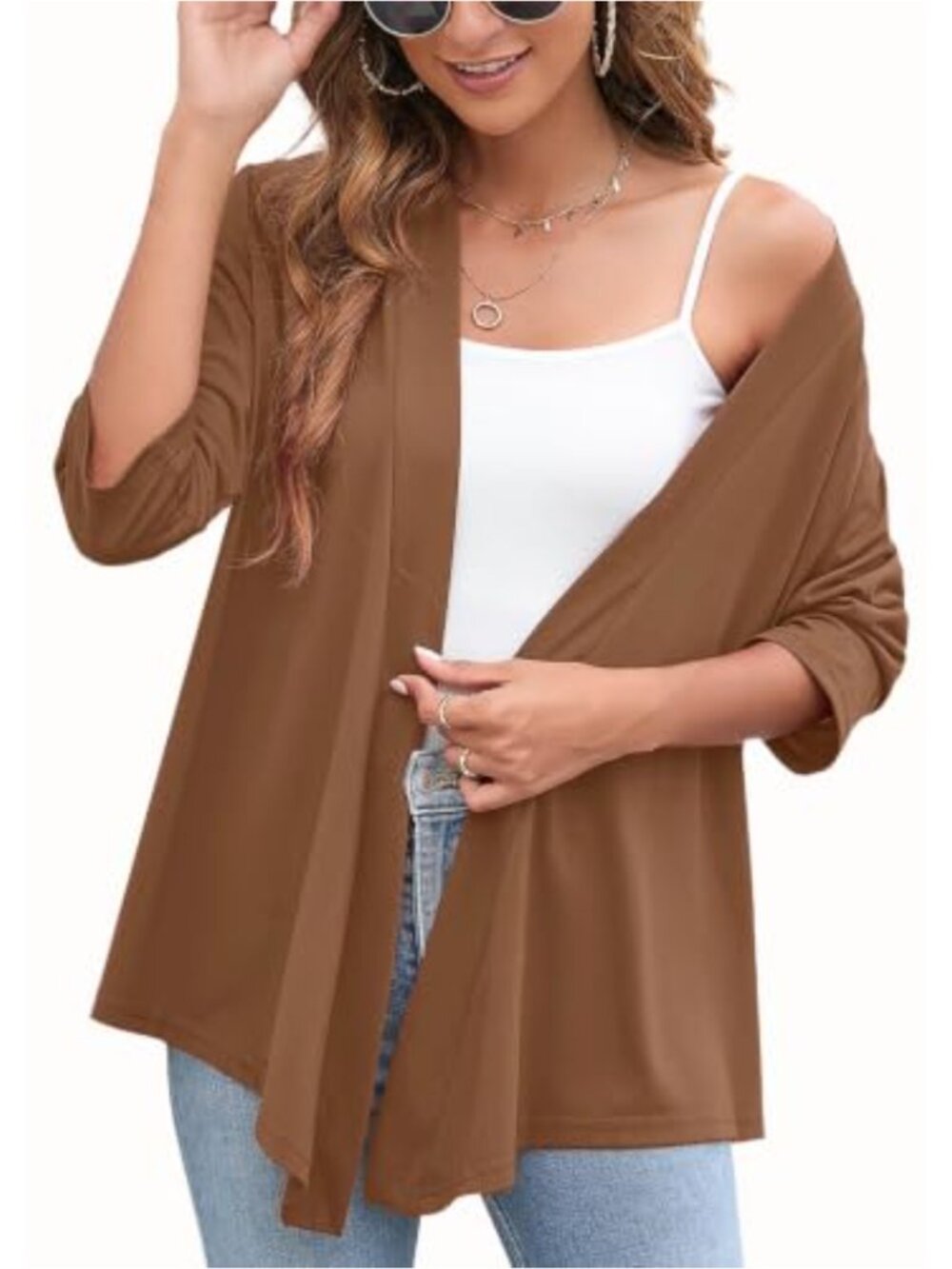 Women's Lightweight Draped Open Front Cardigan 3/4 Sleeve Casual Flowy Knit Top